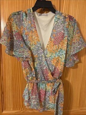 SO Pastel Floral Wrap Blouse with Self Tie
